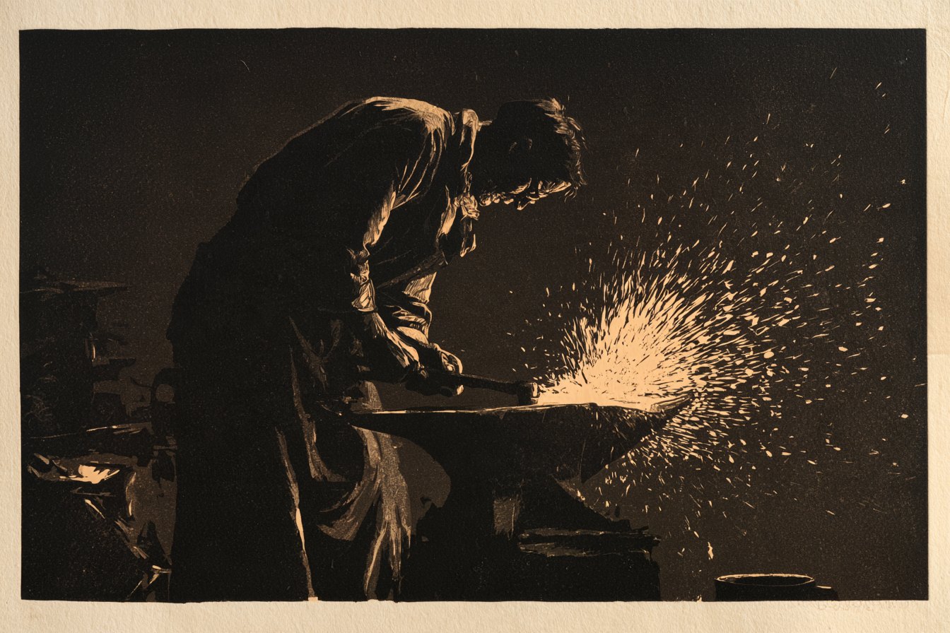 A linocut in one burnt umber ink: a blacksmith at an anvil, carved out of the dark along his edges, sparks flying off the metal as bare paper.