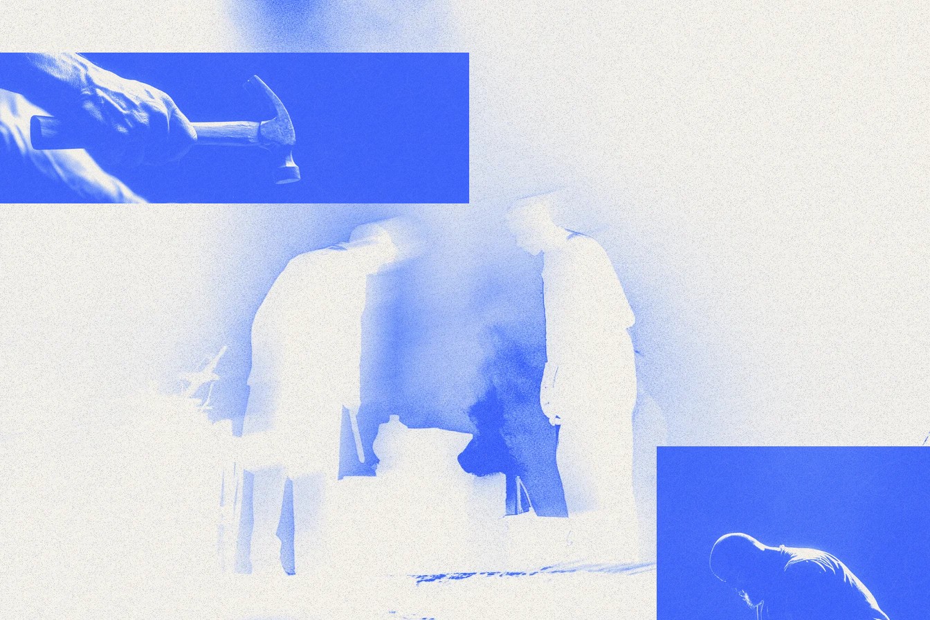 A collage in ultramarine and paper white: two smiths at an anvil fading into white smoke, a band of a hand gripping a hammer across the top left, and a smith bent over his work cut into the bottom right corner.