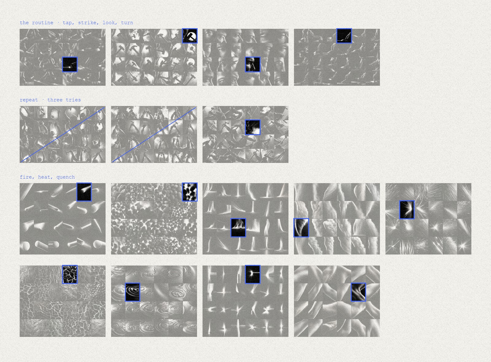 A contact sheet of sixteen faint grids of black-and-white Midjourney drafts: hammers, hands, an eye, coals, sparks, steam, water. One draft in each grid is printed dark and framed in blue; two grids are struck through.