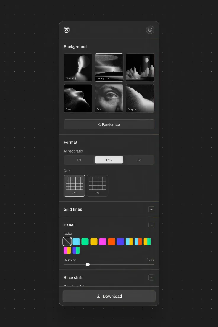 The composition's deterministic layers: grid, panels, slice, plate
